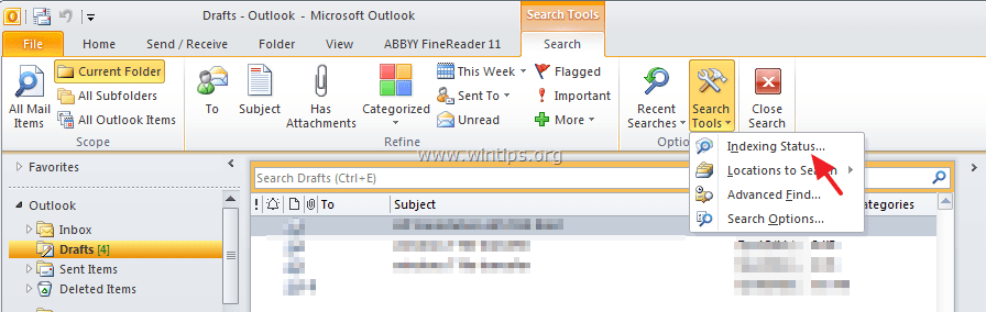 disable outlook 2016 indexing