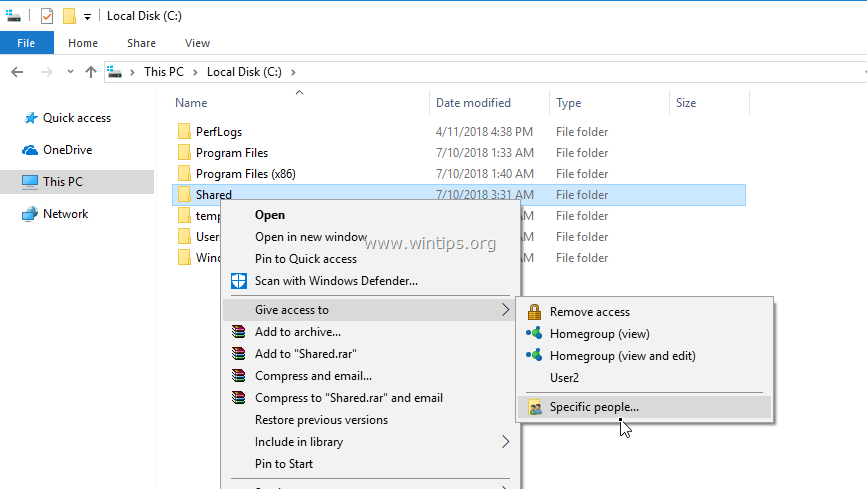 creating shared folder windows 10