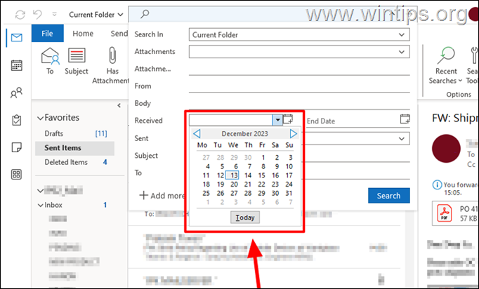 outlook search email by date range