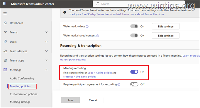 Enable Teams Meeting Recording in Teams Admin center