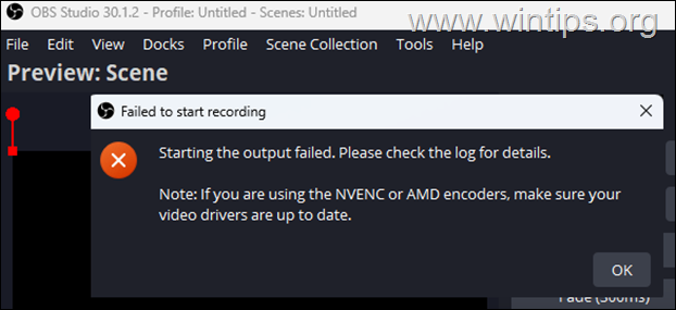 FIX: Failed to start recording. Starting the output failed